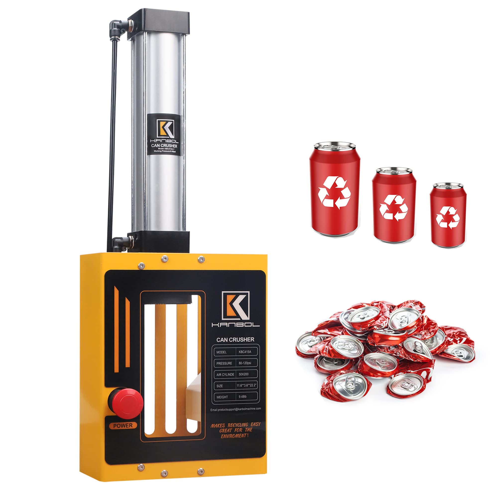 Photo 1 of KANBOL Pneumatic Can Crusher, Fully Enclosed Air Powered Aluminum Can Crusher with Button Control for 12/16oz Soda & Beer Cans – Series 415A Family-Safe Wall Mounted Recycling Tool-Yellow