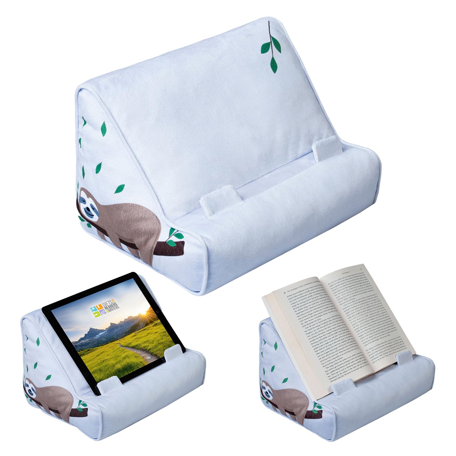 Gifts for Readers & Writers Tablet & Book Stand, Soft Reading Pillow, Book Holder with Pockets for Storage, Suitable for eReader/iPad/Kindle or Galaxy devices, Book Couch Sloth
