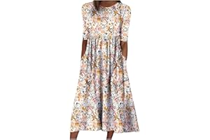 JPVDPA Summer Dresses for Women 2023 Causal Short Sleeve Pockets Dress Floral Print Crewneck High Waist Flowy Midi Dress