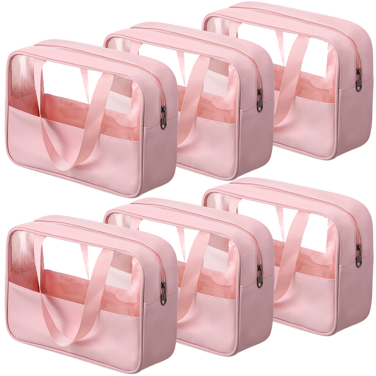 Photo 1 of Reginary 6 Pcs Large Clear Makeup Bags, Toiletry Organizer with Zipper and Handle Strap, Portable Cosmetic Bag Waterproof Transparent for Travel Vacation, 11.8 x 8.3 x 3.9 Inch(Pink)