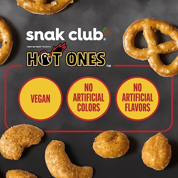SNAK CLUB X HOT ONES HOT HABANERO SNACK MIX, SPICY SNACKS WITH PEANUTS, PRETZELS, SESAME STICKS, TOASTED CORN & CASHEWS, INSPIRED BY HOT ONES HOT SAUCE, 10 OZ BAG
