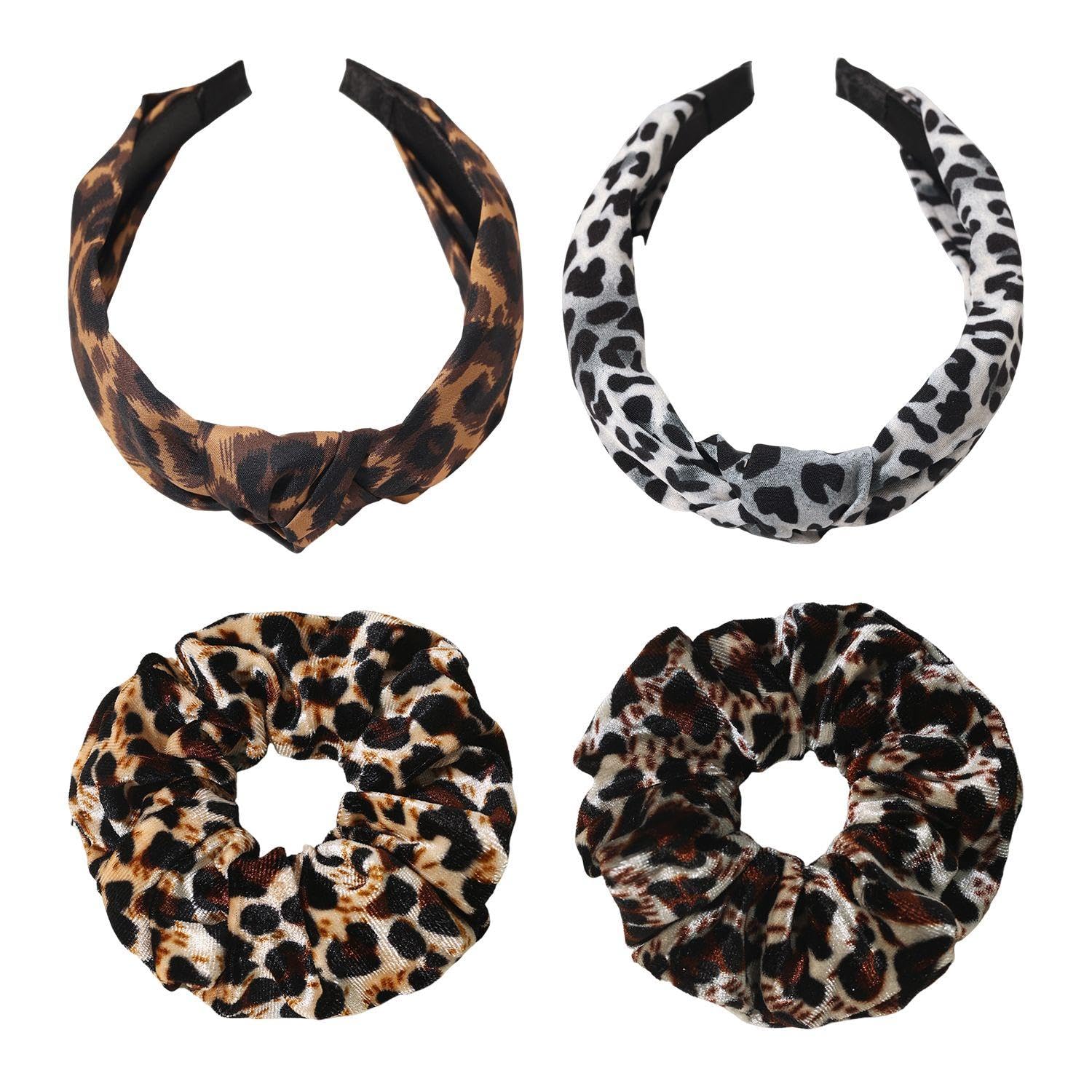 2 Pieces Leopard Print Headbands, 2 Pieces Leopard Print Hair Ties, Fashionable Headbands, Comfortable Non-Slip Headbands, Cross Knotted Headbands, Wide Headbands For Women