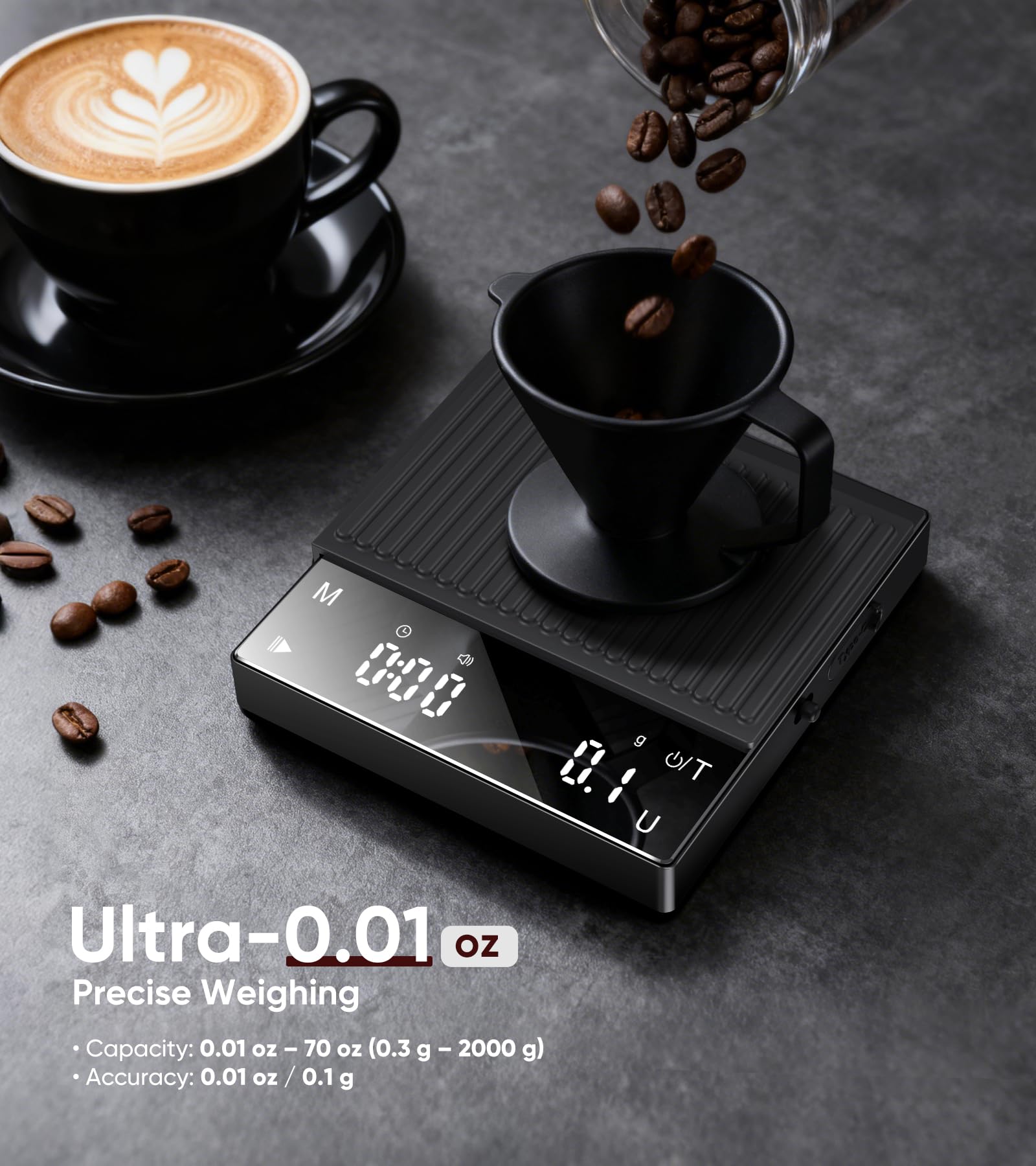 Rechargeable Coffee Scale with Timer, Mini Espresso Scale 2kg/0.1g High Precision Scale for Espresso & Pour-Over Coffee, Portable Digital Food Kitchen Scale