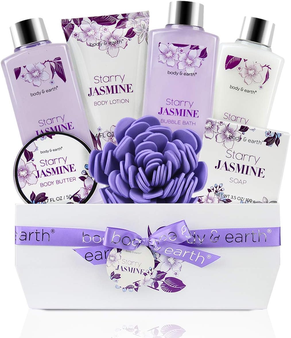 BODY & EARTH Bath Sets for Women 11 Pcs Spa Gift Sets Jasmine Scented Includs Milk Lotion & Butter, Hand Soap, Bubble Bath