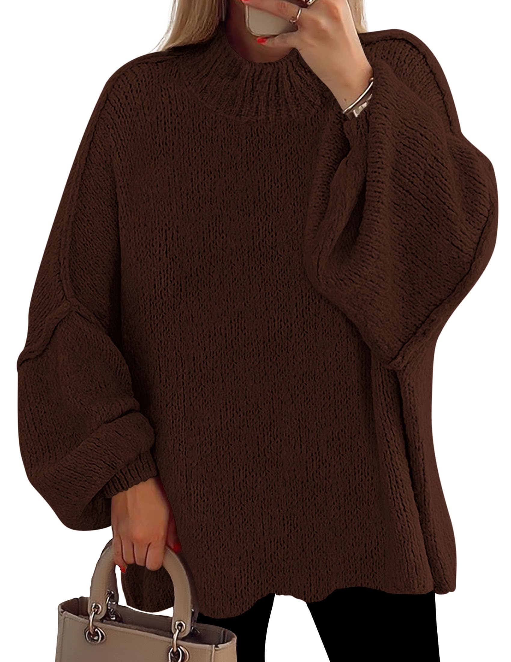 Photo 1 of **HAS FABRIC SNAG** PRETTYGARDEN Women's 2025 Fall Oversized Sweaters Chunky Knit Mock Neck Long Sleeve Casual Trendy Pullover Winter Clothes (Brown,XX-Large)
