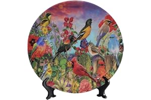 LIGUTARS Flowers and Birds Decor Ceramic Decorative Plate, 10 Inch, Multicolor Flowers And Birds Decorative Dish with Stand Art Porcelain Plate for Living Room Bedroom Hallway Console Side Table Decor