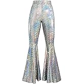 PTLYE 70s Women Glitter Sequin Flare Pants Sparkly Bell Bottom Leggings High Waist Wide Leg Trousers Outfits Disco Costume