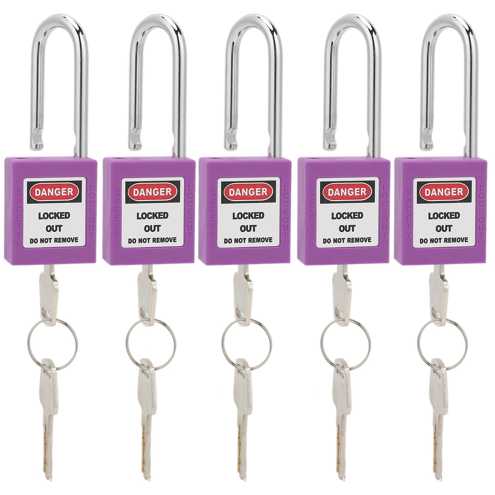 Safety Lockout Padlock, 5Sets 38mm Lockout Tagout Padlock Anti‑Skid Padlock Steel Beam Insulated Lock with 10 Keys Writable Label for Machine Building Security(Purple), Locks and Accessories