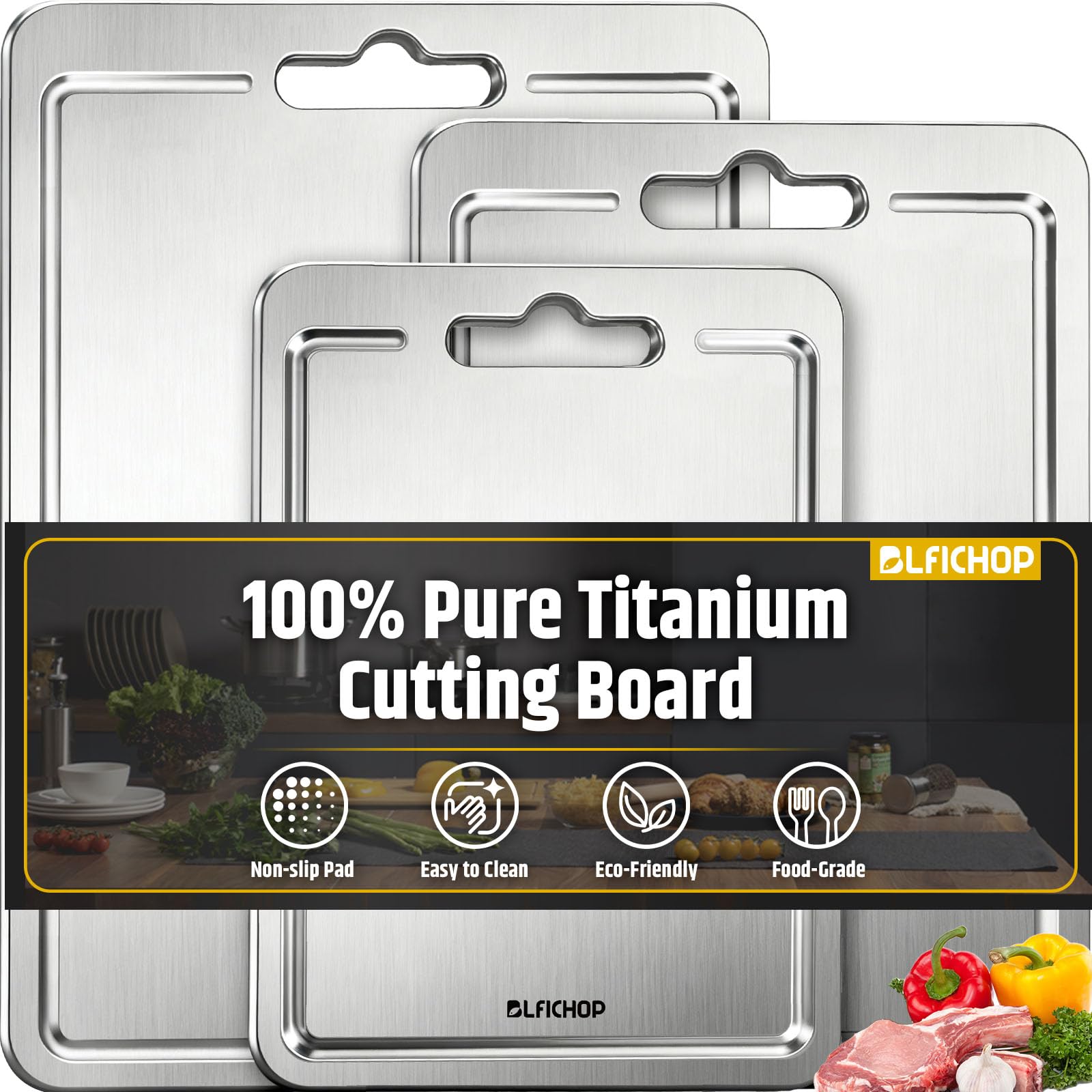 Photo 1 of 3pcs 100% Pure Titanium Cutting Boards with Juice Groove, Double-Sided Non-Toxic Chopping Boards for kitchen Meat, Vegetables and Fruits, Dishwasher Safe, Grey