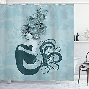 Ambesonne Mermaid Shower Curtain, Sleeping Mermaid Design with Wavy Hair Hand Drawn Effect Grungy Backdrop, Cloth Fabric Bathroom Decor Set with Hooks, 70