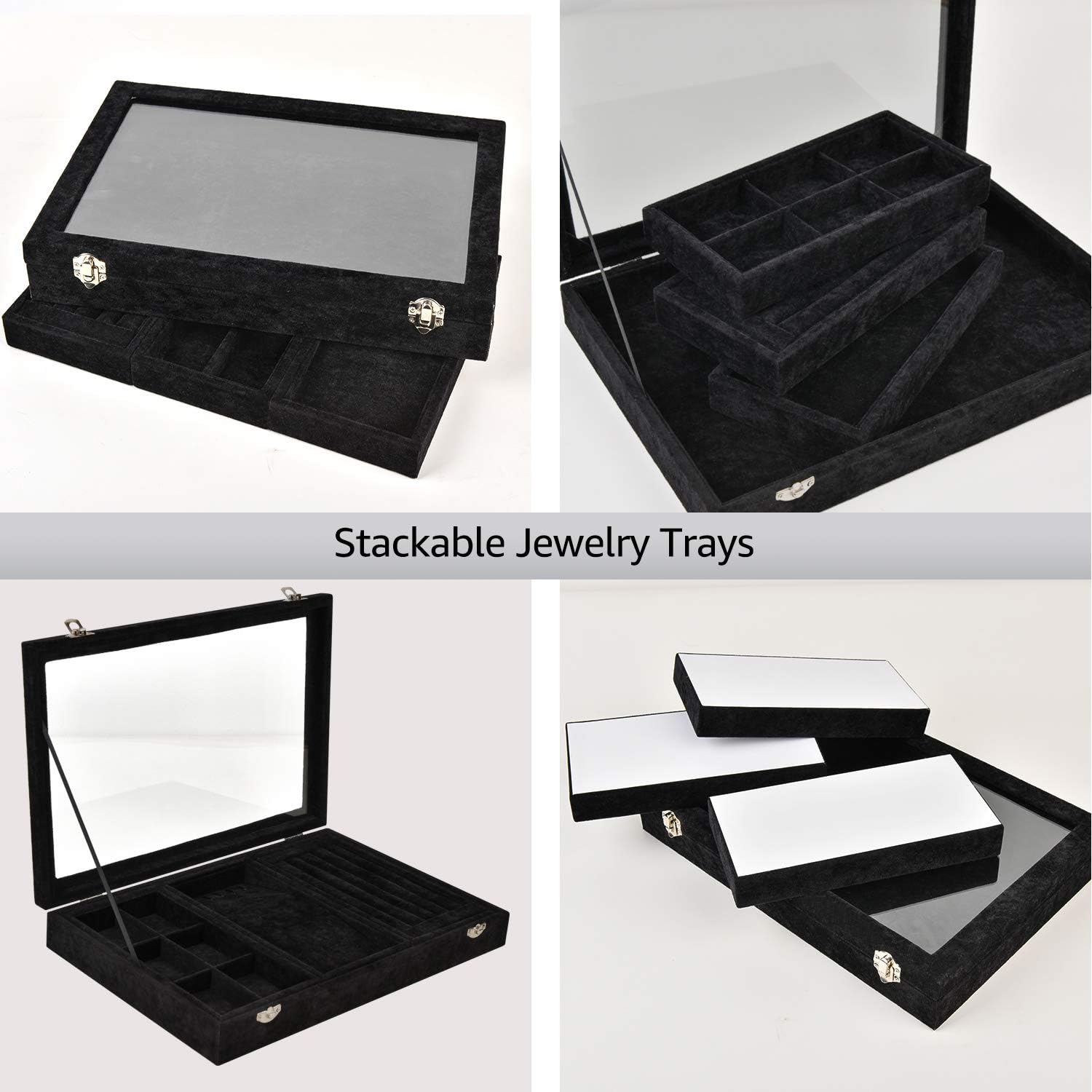 VIEFIN Velvet Stackable Jewelry Tray with Lid, Earring Drawer Insert Display Show Case, Dresser Organizer for Ring Stud, Necklace Holder Storage Box Chest,Black 4 in 1(with lid): Home & Kitchen
