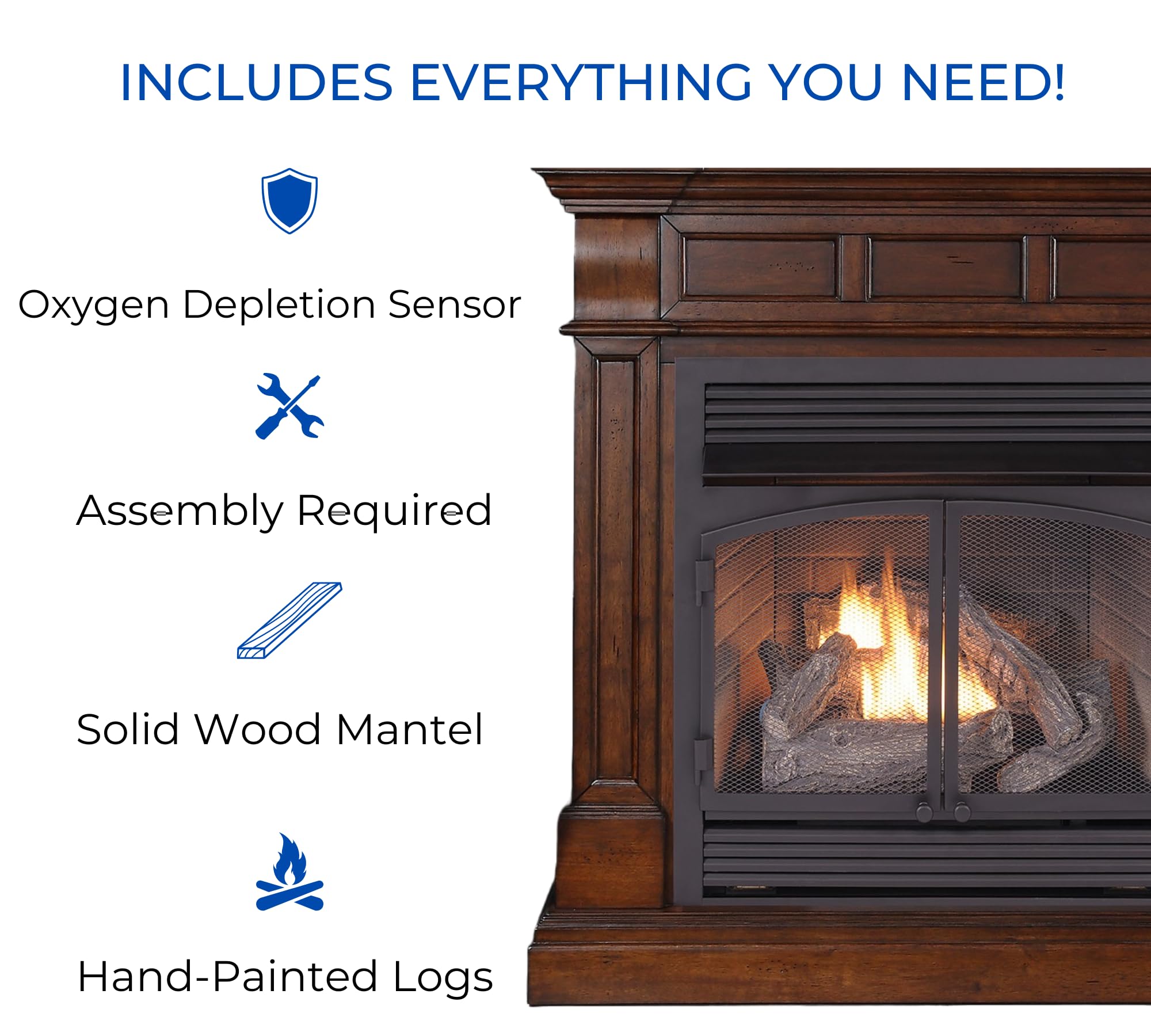 Close-up of the Duluth Forge fireplace with realistic ceramic logs and flames