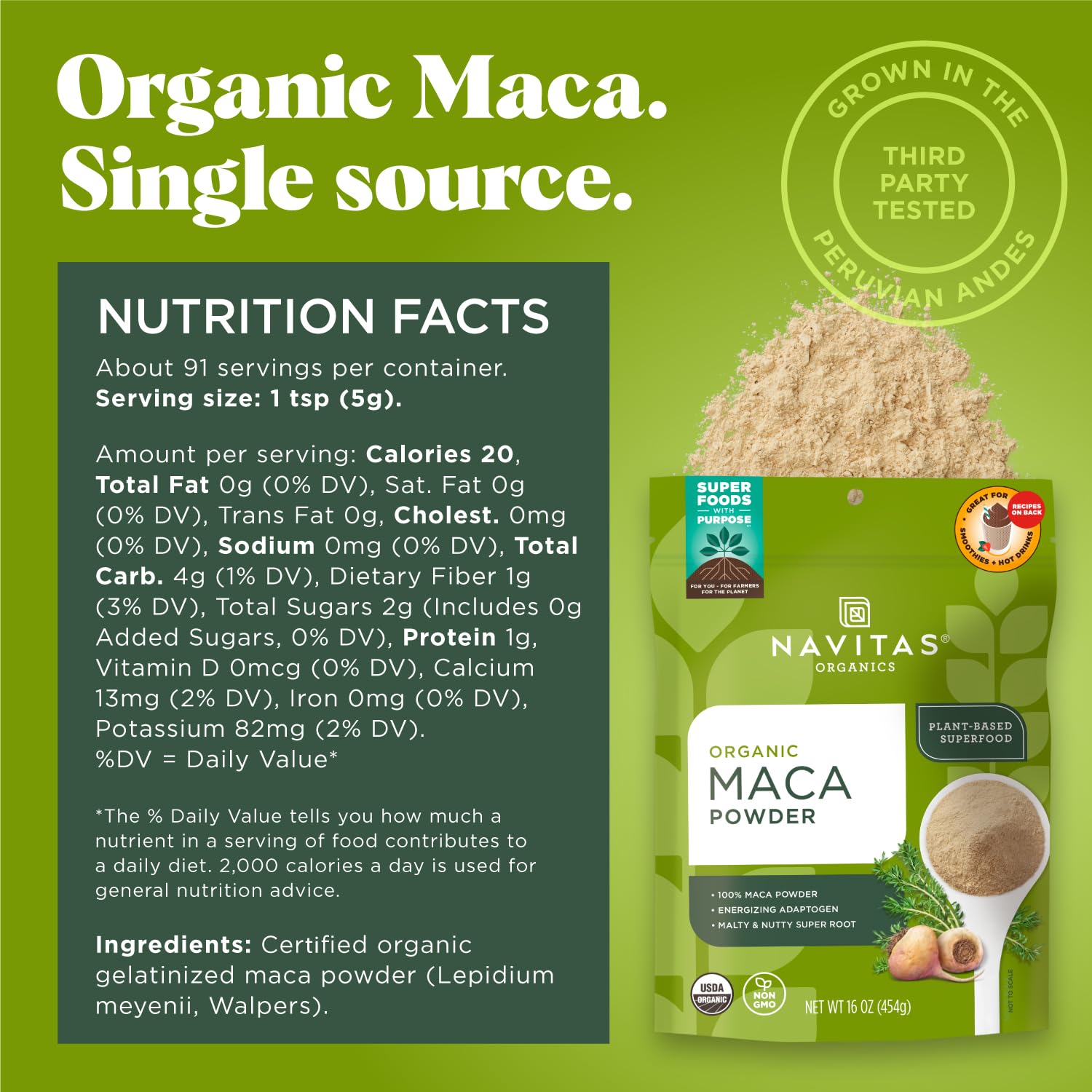 Navitas Organics Maca Powder – 100% Gelatinized Peruvian Maca for Smoothies, Lattes, Baking & More – Energize & Balance - USDA Organic, Non GMO, Vegan, Gluten Free - 16oz. Bag