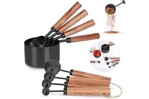 PrettyFine Collection 8 Piece Black Measuring Cups Set and Measuring Spoons, Golden With fragrant wood Handles-Complete Set of Measure Cups and Spoons For Cooking and Baking.