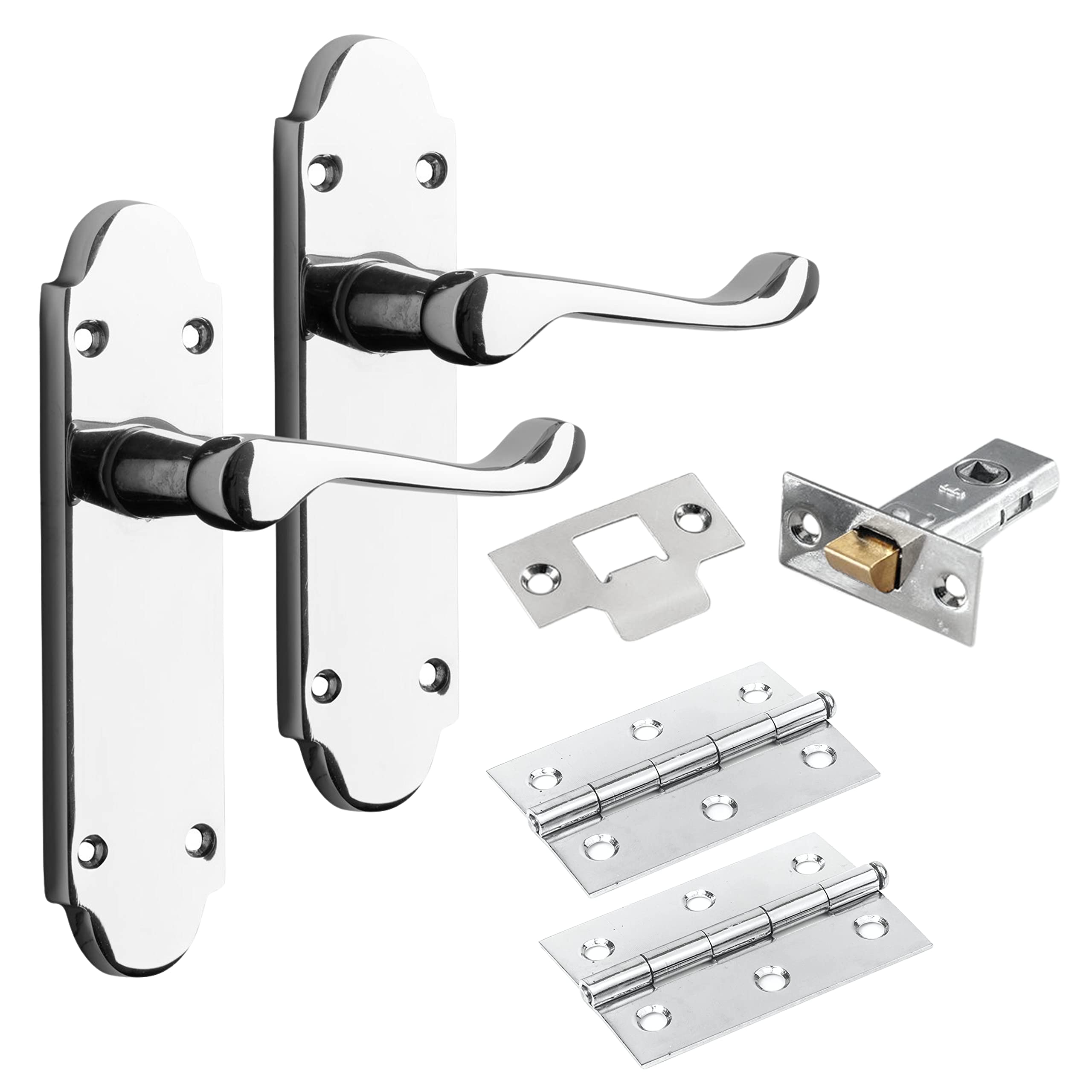 IRONZONE® A Set of Premium Quality Shaped Lever Latch Door Handles Polished Chrome Hinges & Latch Pack Backplate Door Handles, Contemporary Design for Internal Wooden or Oak Doors