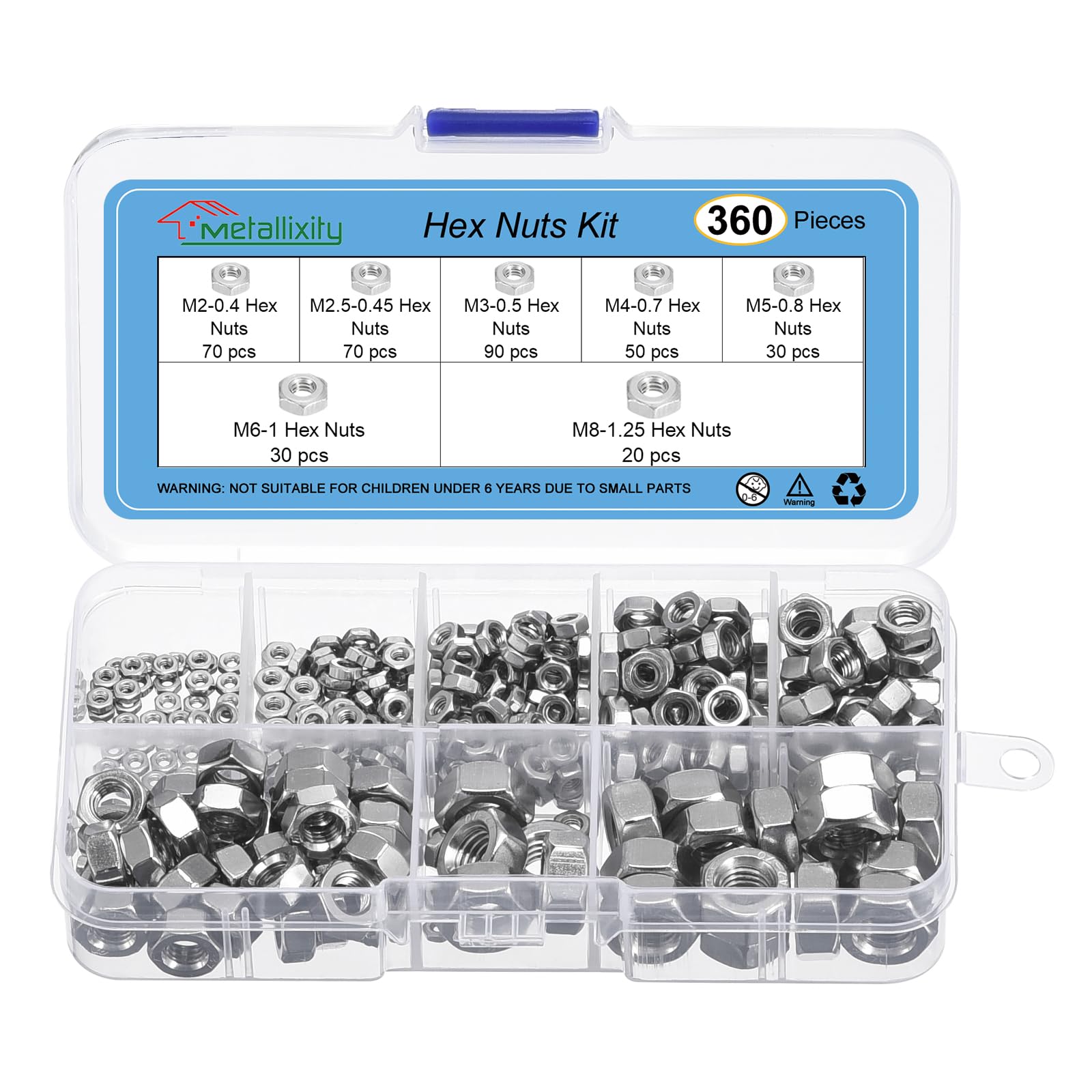 METALLIXITY Hex Nuts Assortment Kit (M2-0.4, M2.5-0.45, M3-0.5, M4-0.7, M5-0.8, M6-1, M8-1.25) 360Pcs, 304 Stainless Steel Hexagon Nut Hardware