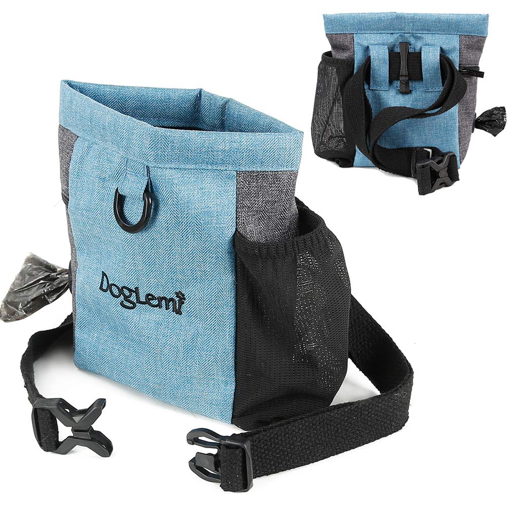 Magnetic Dog Treat Pouch Bag with Adjustable Waistband, Pet Walking Bag with Opening for Poop Bag, Waterproof Dog Training Bag, Waist Hanging Buckle Dog Snack Bag Pocket for Dog Cat Feeding (Blue)