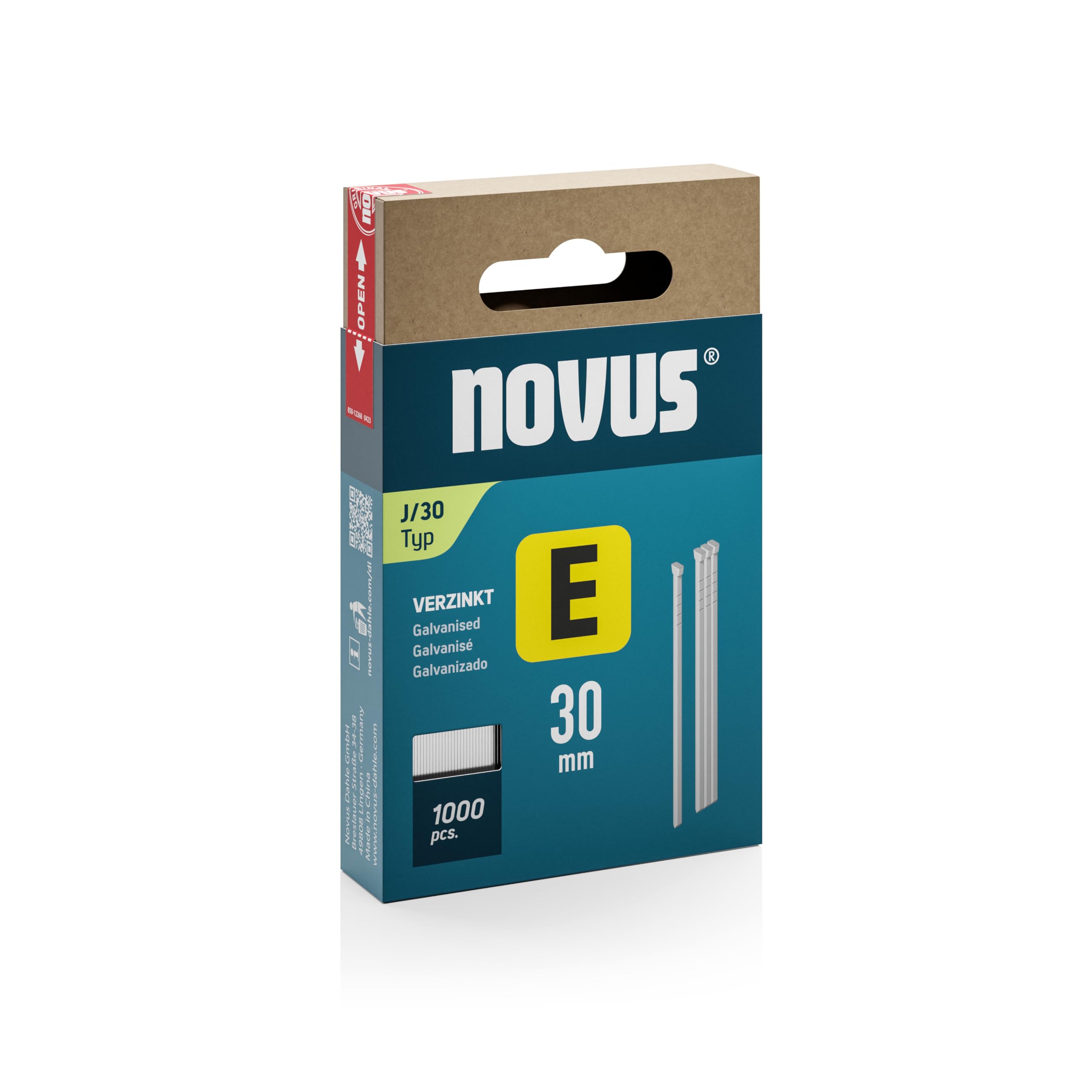 Novus Nails E Type J 30 mm (Pack of 1000, Material: Galvanised Steel Wire, Cardboard Packaging with Sliding FS, Nail Set) 044-0092