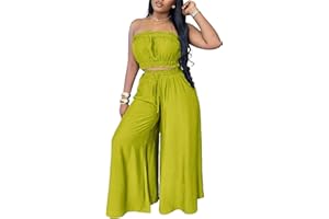YUEWOO Two Piece Sets for Women Summer Outfits Crop Tops and Wide Leg Pants Sets Sexy Jumpsuits Vacation Outfits with Pockets