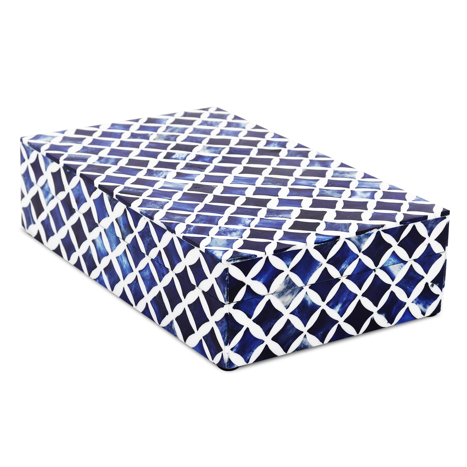 Handicrafts Home Decorative Storage Box with Lid, Moroccan Remote Control Holder Box, Wide Coffee Table Storage Organizer, Bone Inlay Resin Wooden Living Room Storage Box, Blue & White, 10 x 6 x 2.5