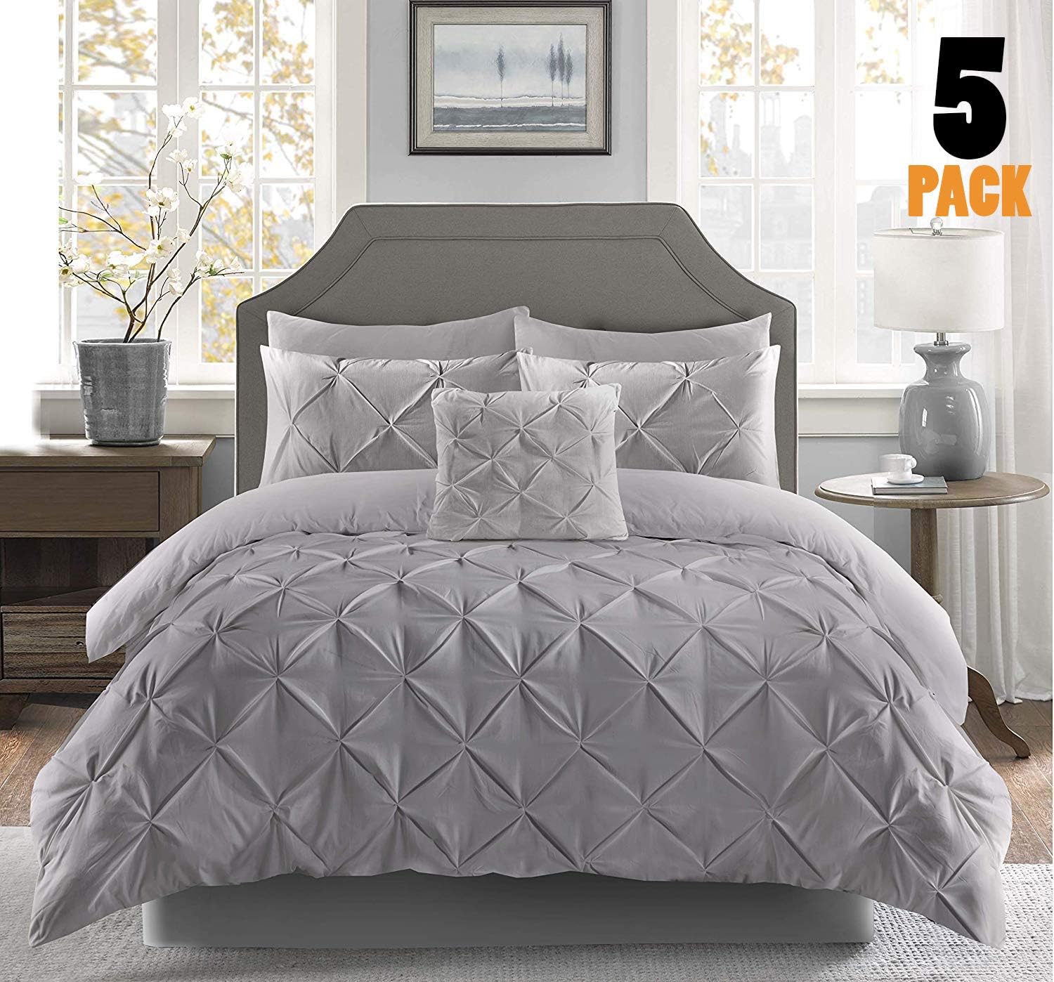 Fixtex Pinch Pleat Pintuck Duvet Cover Set with Fitted Sheet & Pillow Cases Includes Complementary Cushion Cover – Set of 5 (Single, Silver)