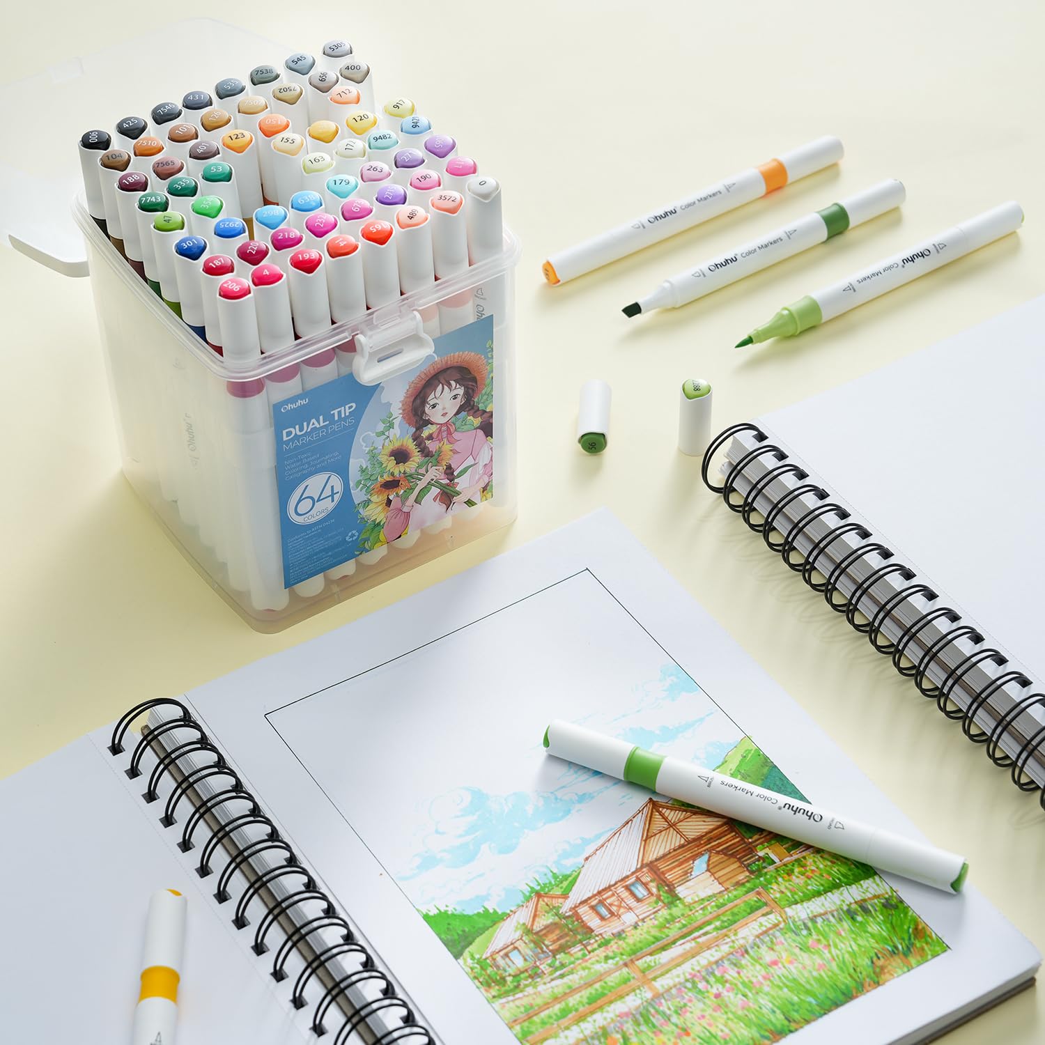 Ohuhu Water-based Markers for Adult Coloring Books No Bleeding 64 Colors Dual Tips Coloring Markers for Kids Adults Beginners Drawing Pens for Journaling Lettering (Brush & Chisel)