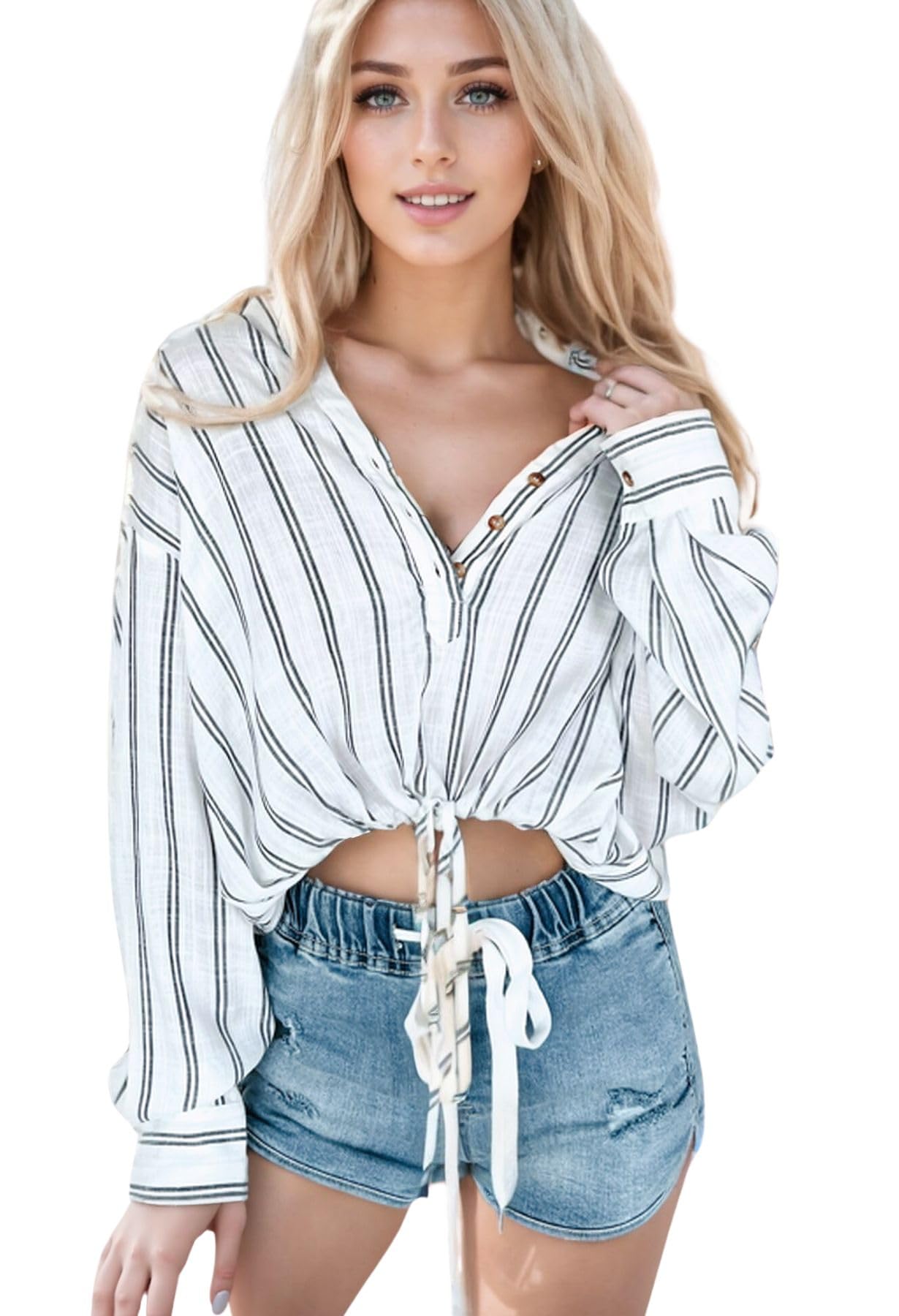 Photo 1 of (NO SLEEVE ROLLUP STRAP AND BUTTON) Womens Cropped Button Down Shirts Casual Oversized Stripe Crop Tops Long Roll Up Sleeve Drawstring Hem Blouse KF1279 White XL