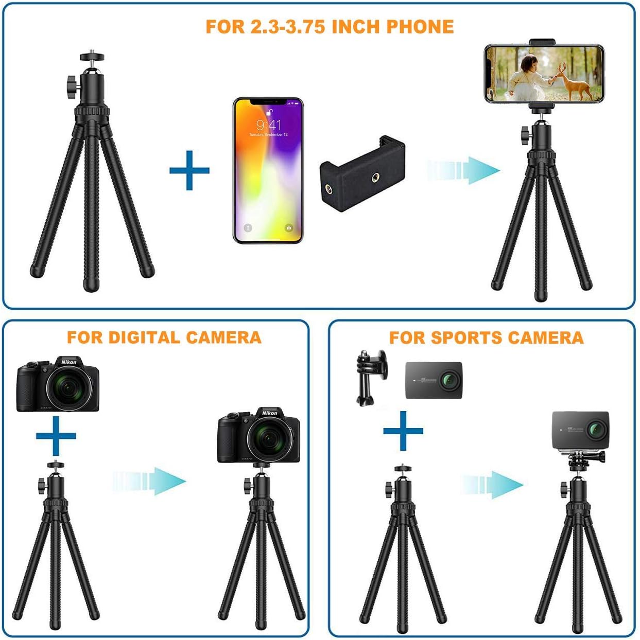 Phone Tripod,Shengsite Portable and Extendable Camera Tripod Stand with Wireless Remote 360°Rotating Adjustable Flexible Cell Phone Tripod Compatible with iPhone, Android Phone, Camera, Sports Camera: Camera & Photo