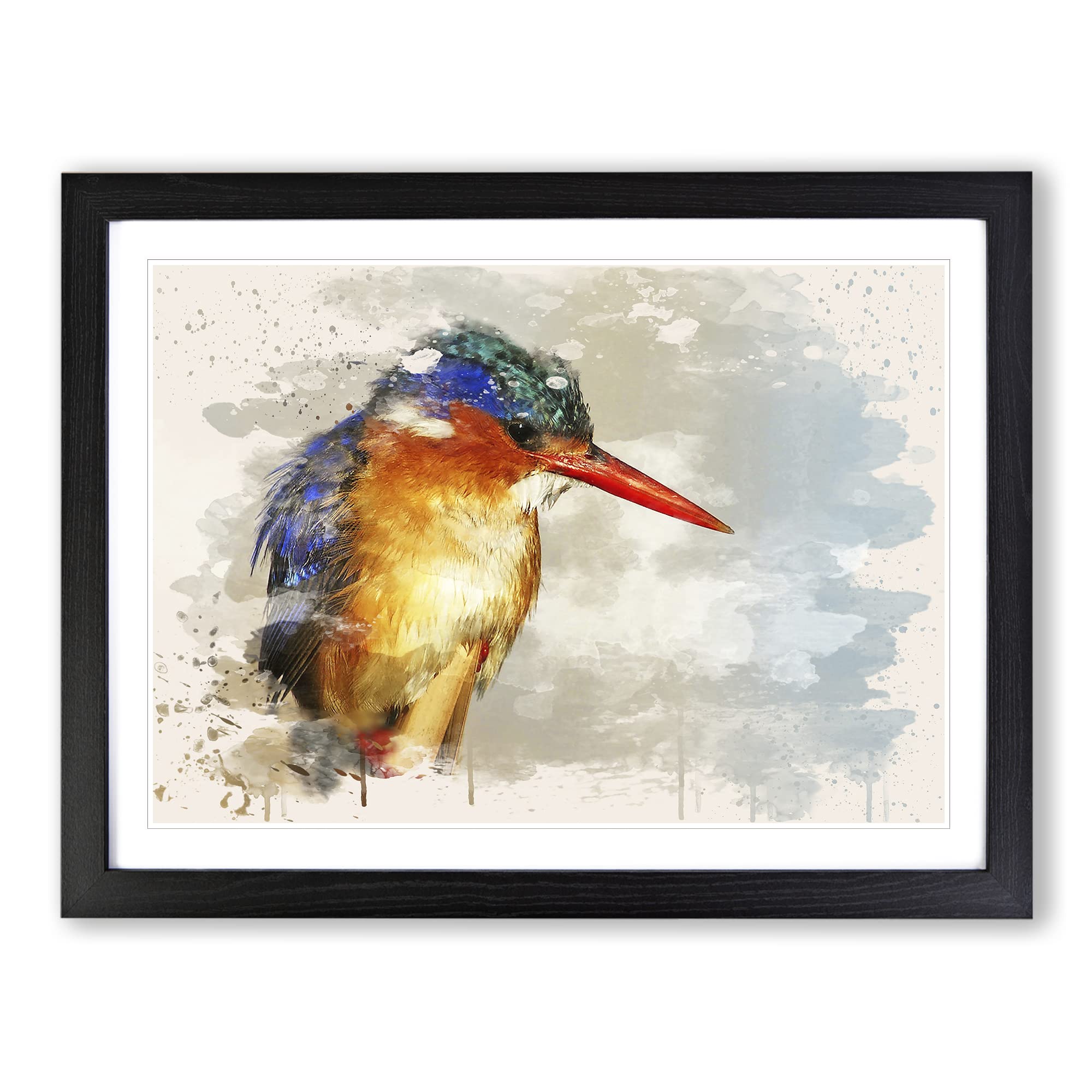 Kingfisher Bird Modern FC Framed Print | A4 Black Framed Wall Art | Ready to Hang | Modern Nature Picture | Living Room Bedroom Lounge Office