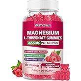 Magnesium L-Threonate Gummies - 2000mg for Brain, Muscle & Nervous System Support. Sugar-Free Raspberry Flavor, 60 Count for Kids & Adults