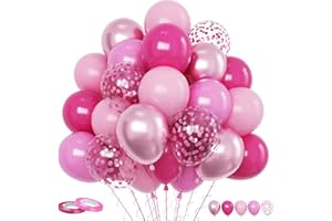 Funhot Pink Balloons Set, 60PCS Hot Pink Latex Balloons, 12Inch Pink Confetti Balloon Pastel Pink Metallic Party Balloons Helium for Girls Women Baby Shower Princess Wedding Birthday Party Decoration
