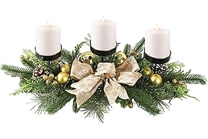 Christmas Candle Holder with 3 Trays Christmas Table Centerpieces with Bowknot, Baubles, Berries & Pine Needles for Party Tab
