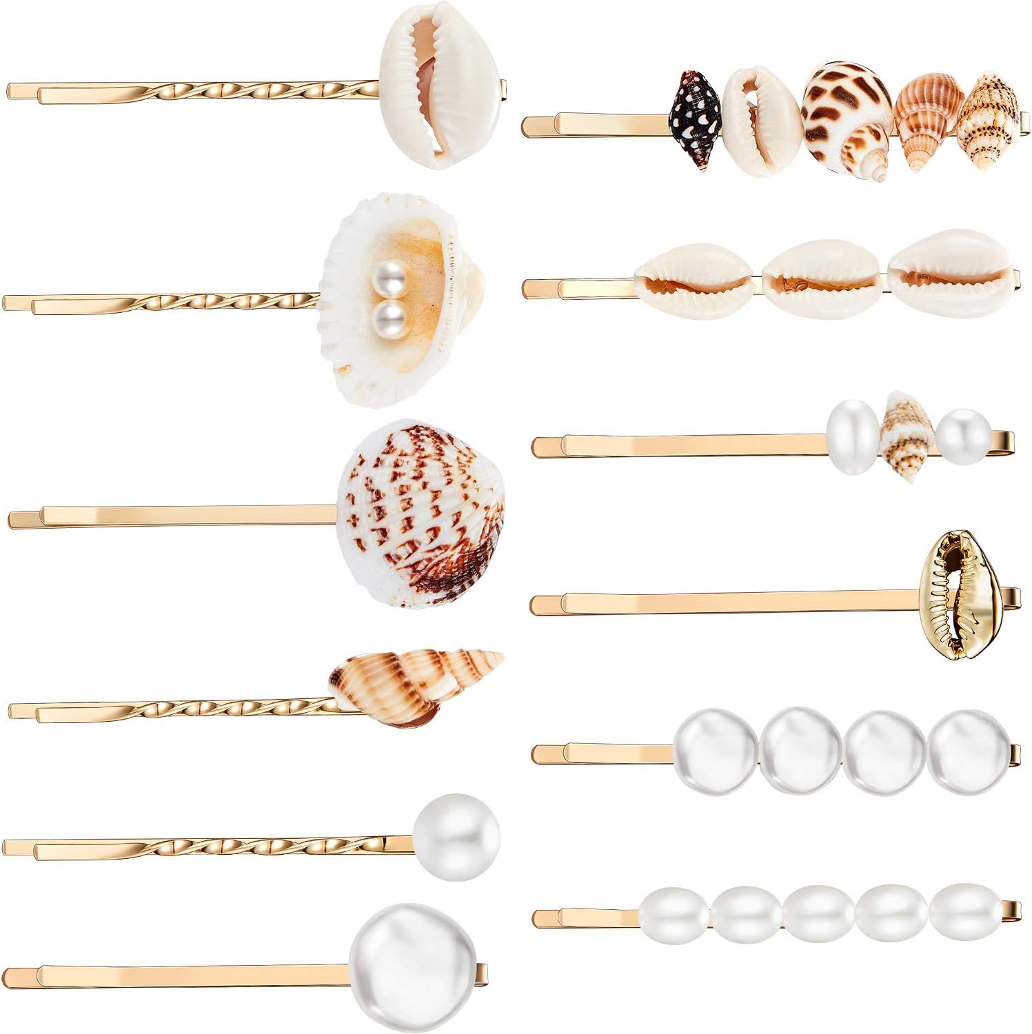 12 Pieces Faux Pearl Hair Clip Shell Barrettes Conch Pearl Hairpins Side Bangs beach seashell Hair Barrettes bobby pin for Women and Girls