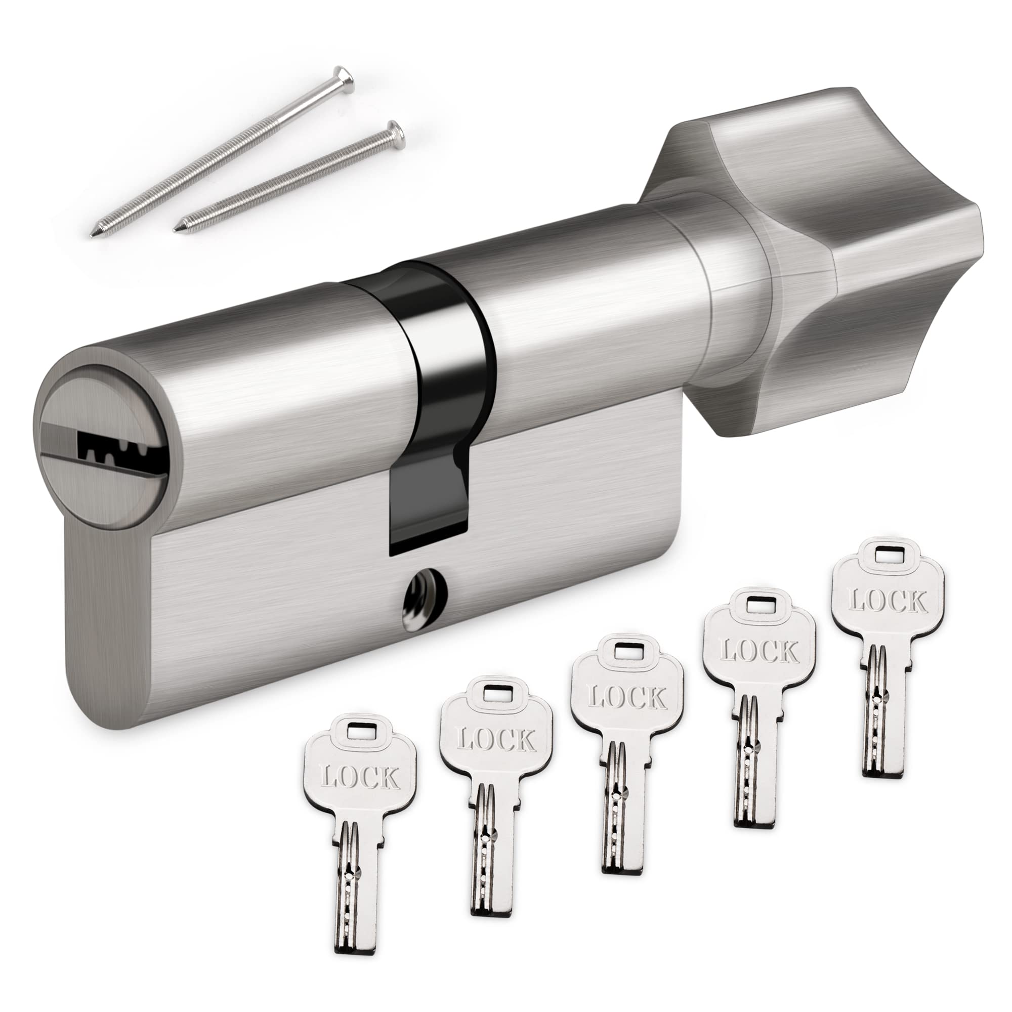 Hengsong 35/35 Thumb Turn Lock with Strong Security Anti-Theft,for Wooden, UPVC and Composite Doors,Zinc Alloy Metal Silver Door Barrel Includes 5 Keys
