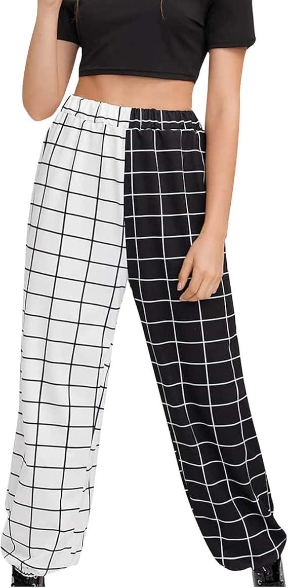 Ladies Fashion Black and White Plaid Casual Pants, HighWaist Casual