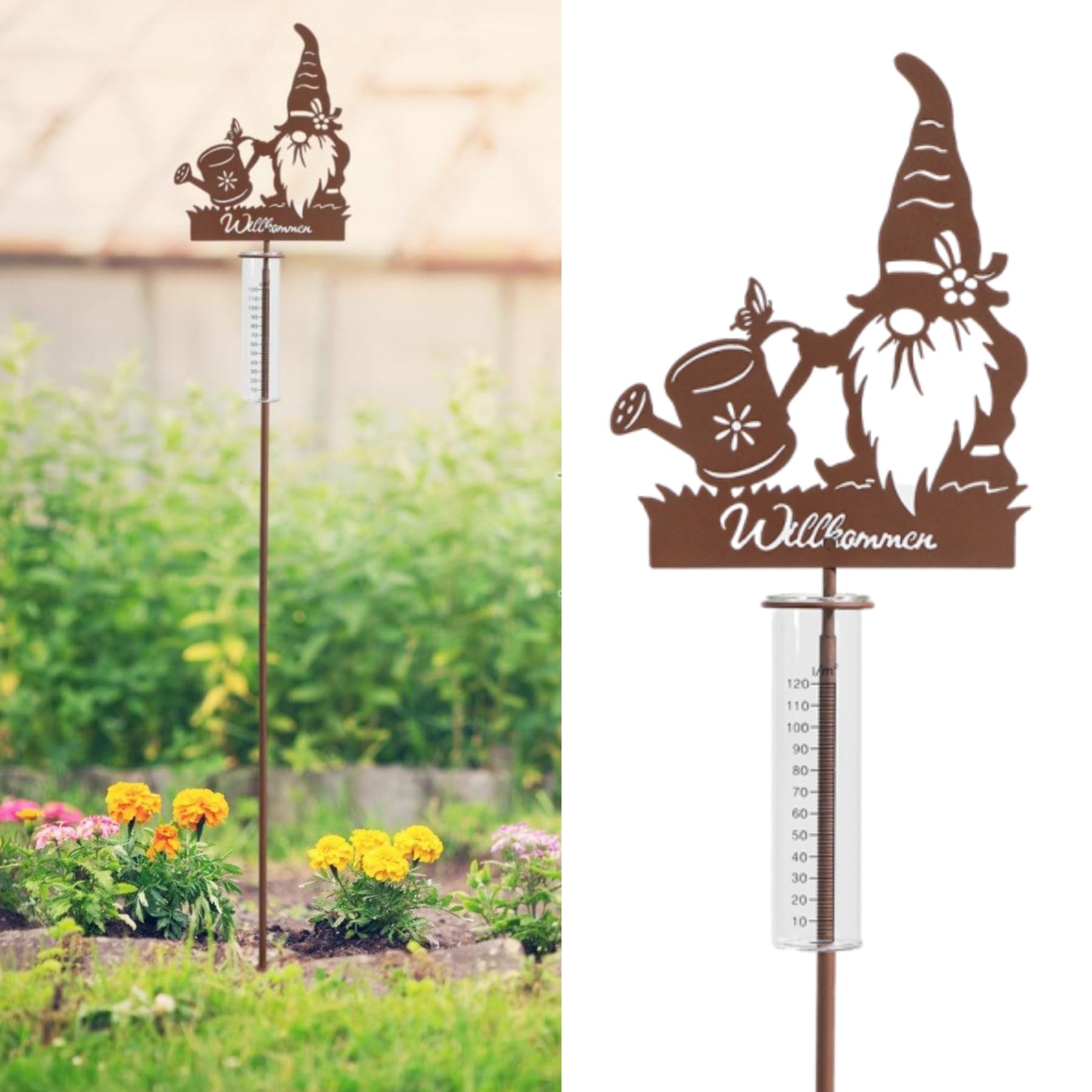 JUJOYBD Decorative Rain Gauge for Garden Metal with Ground Spike, 100 cm, Frost-Proof Rainwater Gauge Glass, Garden Gnome Decoration for Balcony, Patio