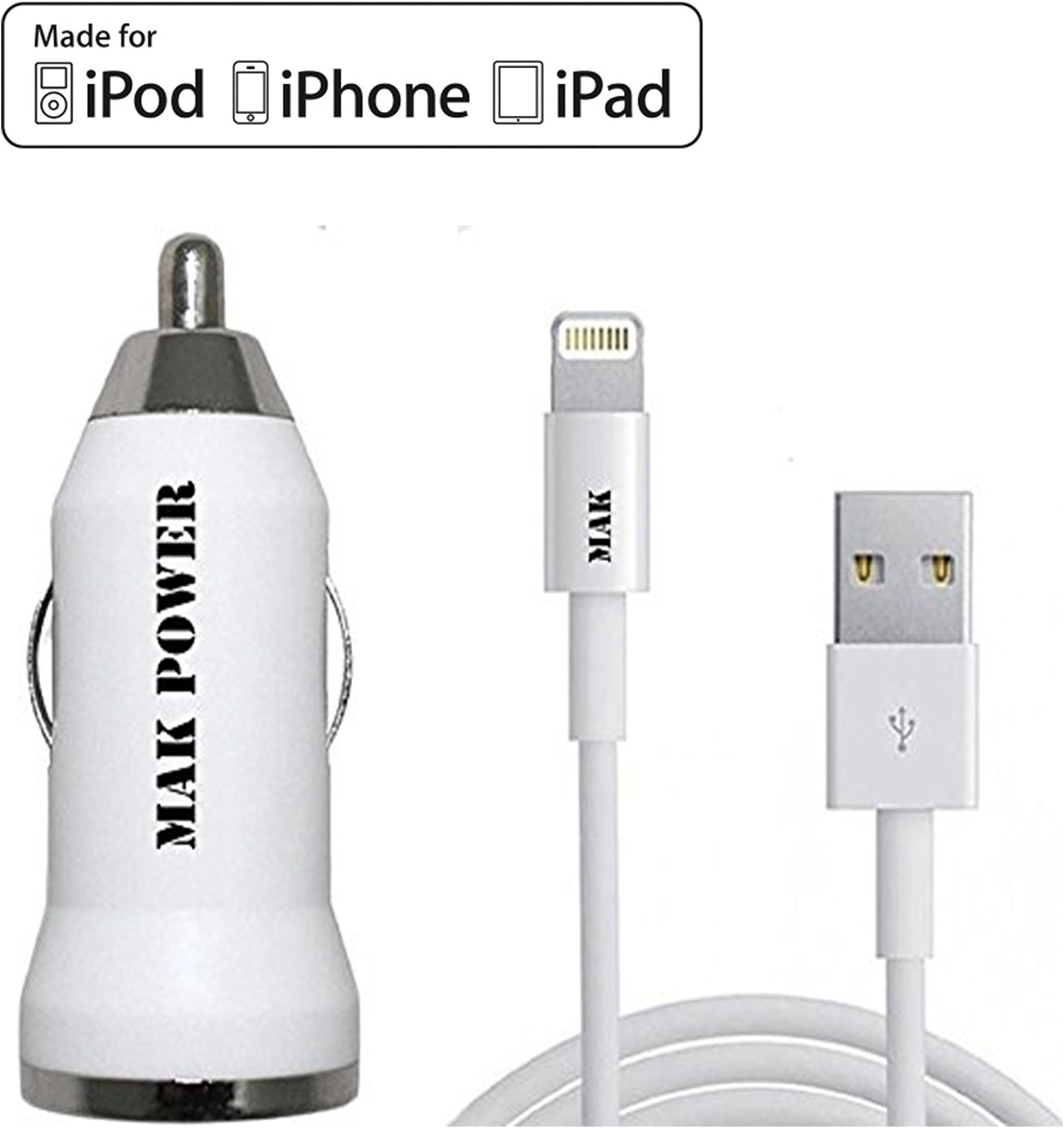 MAK POWER 2 in 1 High Quality Bullet USB In-Car Portable Charger Charging Adapter + Sync Data Cable Lead Cord for 5 5C 5S - Compatible with iOS9