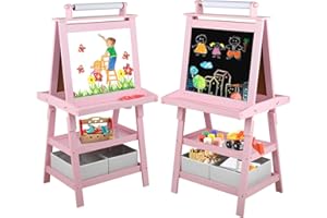 Kinder King 3 in 1 Kids Art Easel w/Storage, Double-Sided Magnetic Whiteboard & Chalkboard, Dry-Erase Board w/Paper Roller, Toddler Children Standing Easel for Painting & Drawing, Accessories, Pink