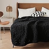 WESHIONGOO Chunky Knit Blanket Throw 51"×63" Knitted Throw Blankets for Couch Bed Fluffy Soft Blanket with Jumbo Chenille Yarn Thick 100% Handmade (Black)