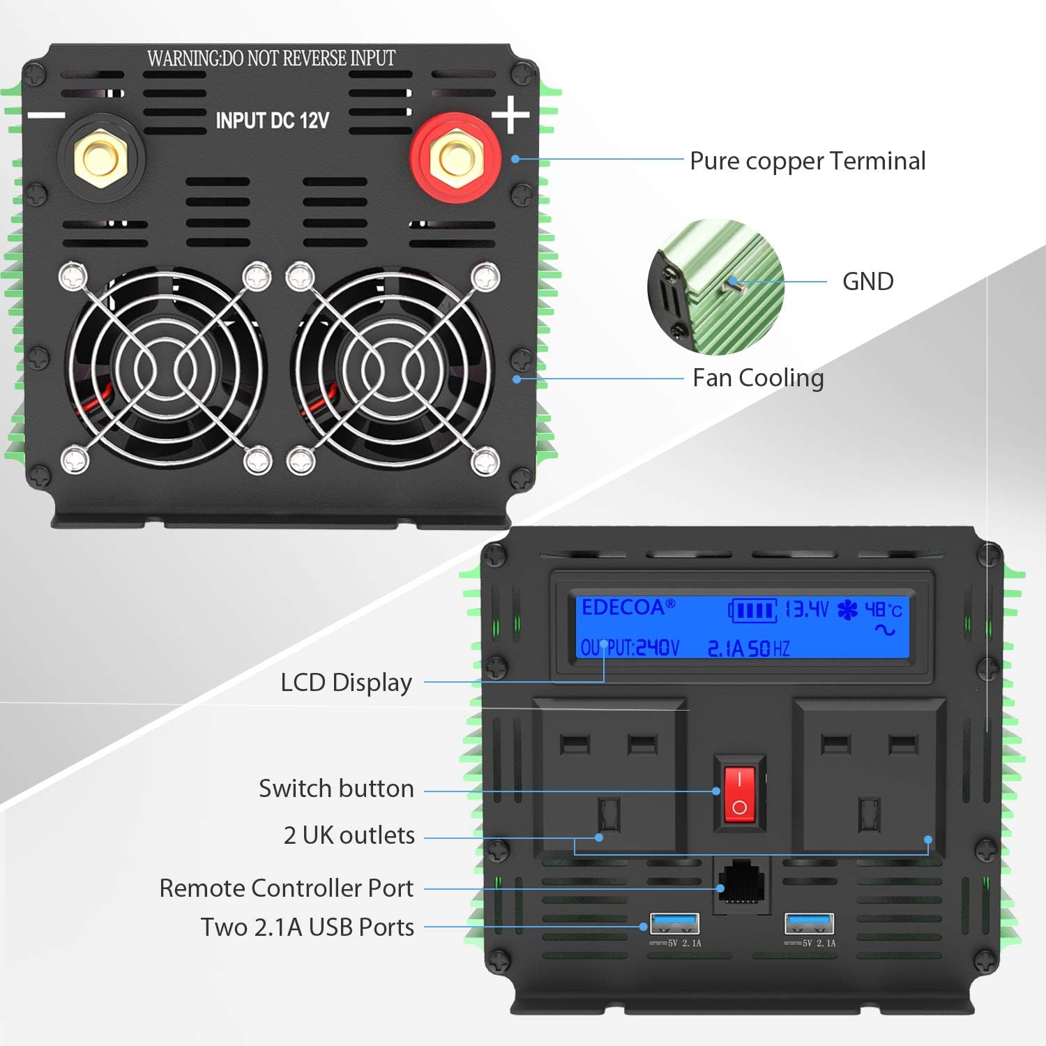 Edecoa 2500W Peak 5000W Power Inverter Pure Sine Wave DC 12V to 240V AC with 4.2A Dual USB Ports - Green, 12V/2500W - Image 4