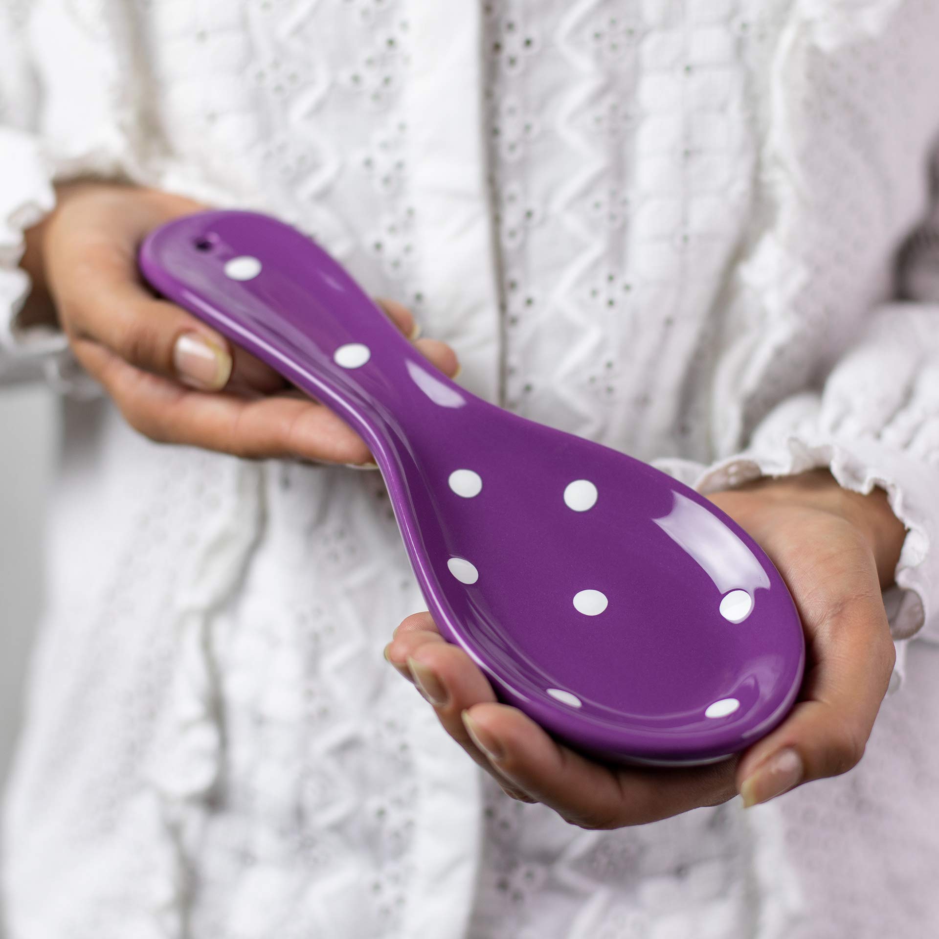 City to Cottage Spoon Rest for Stove Top, Large Ceramic Spoon Holder for Kitchen Counter, Cooking Utensil Rest for Countertop, Handcrafted Purple Polka Dot Spoon Rest for Ladle, Spatula, Tong
