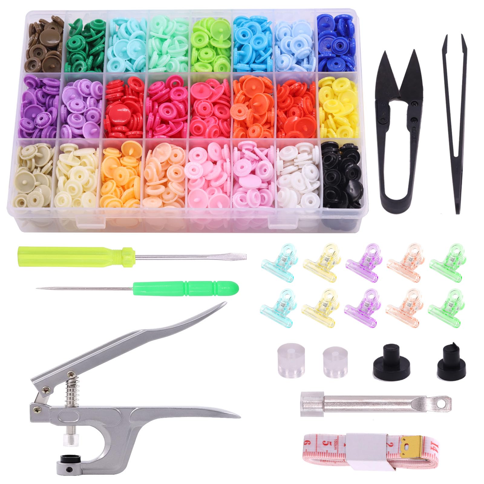 Mardatt 405 Pcs Snaps Plastic Buttons with Snaps Pliers Set 24 Color Plastic No-Sew Buttons Snaps Fasteners Setter Hand Tools with Sewing Clips for Clothes Sewing, DIY Projects in Storage Box