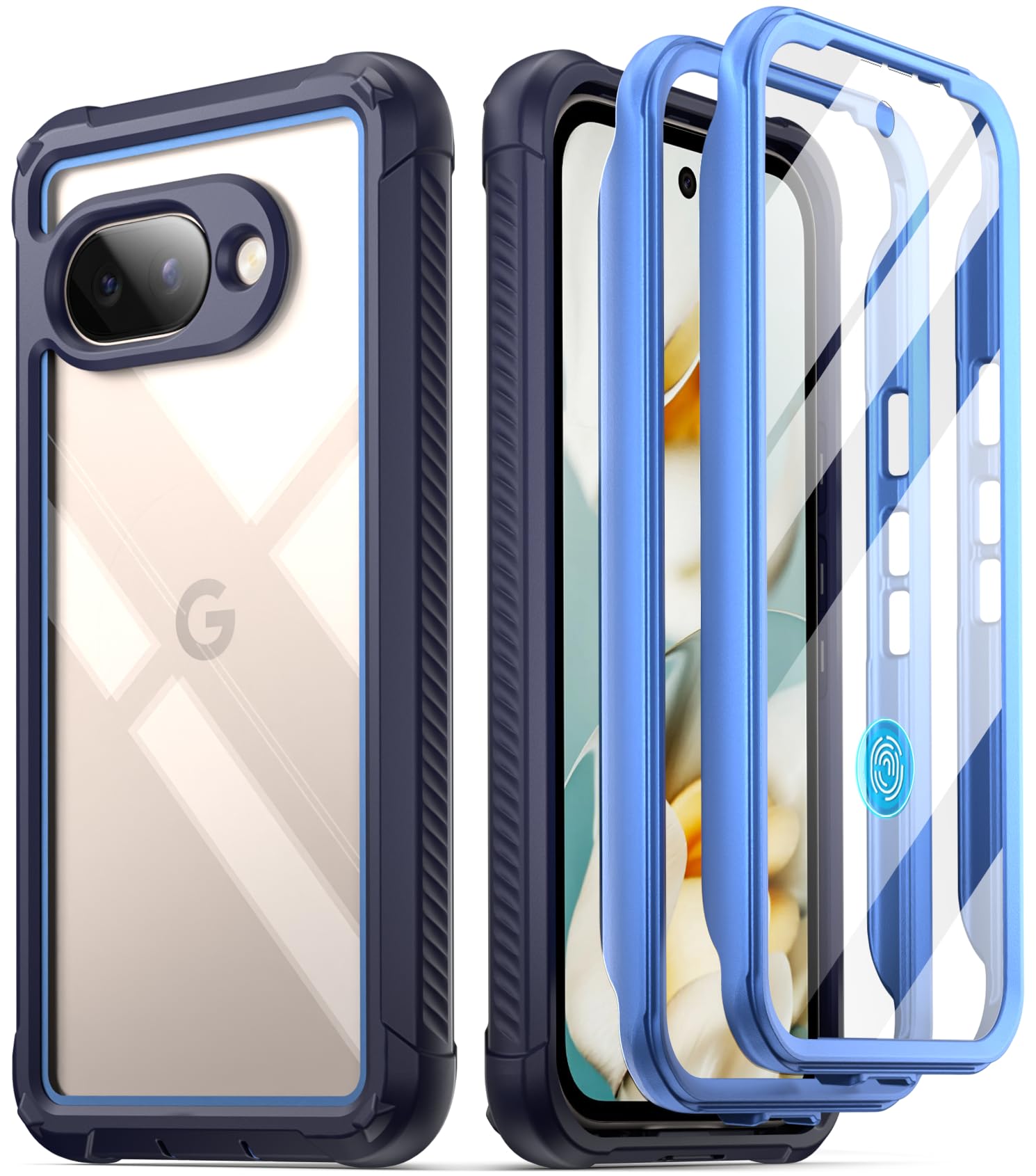 Poetic Guardian Case for Google Pixel 9A 5G (2025), Built-in Screen Protector [Work with Fingerprint ID], [2 Front Frame] [Wireless Charge] Full Body Shockproof Rugged Clear Cover Case, Blue/Clear