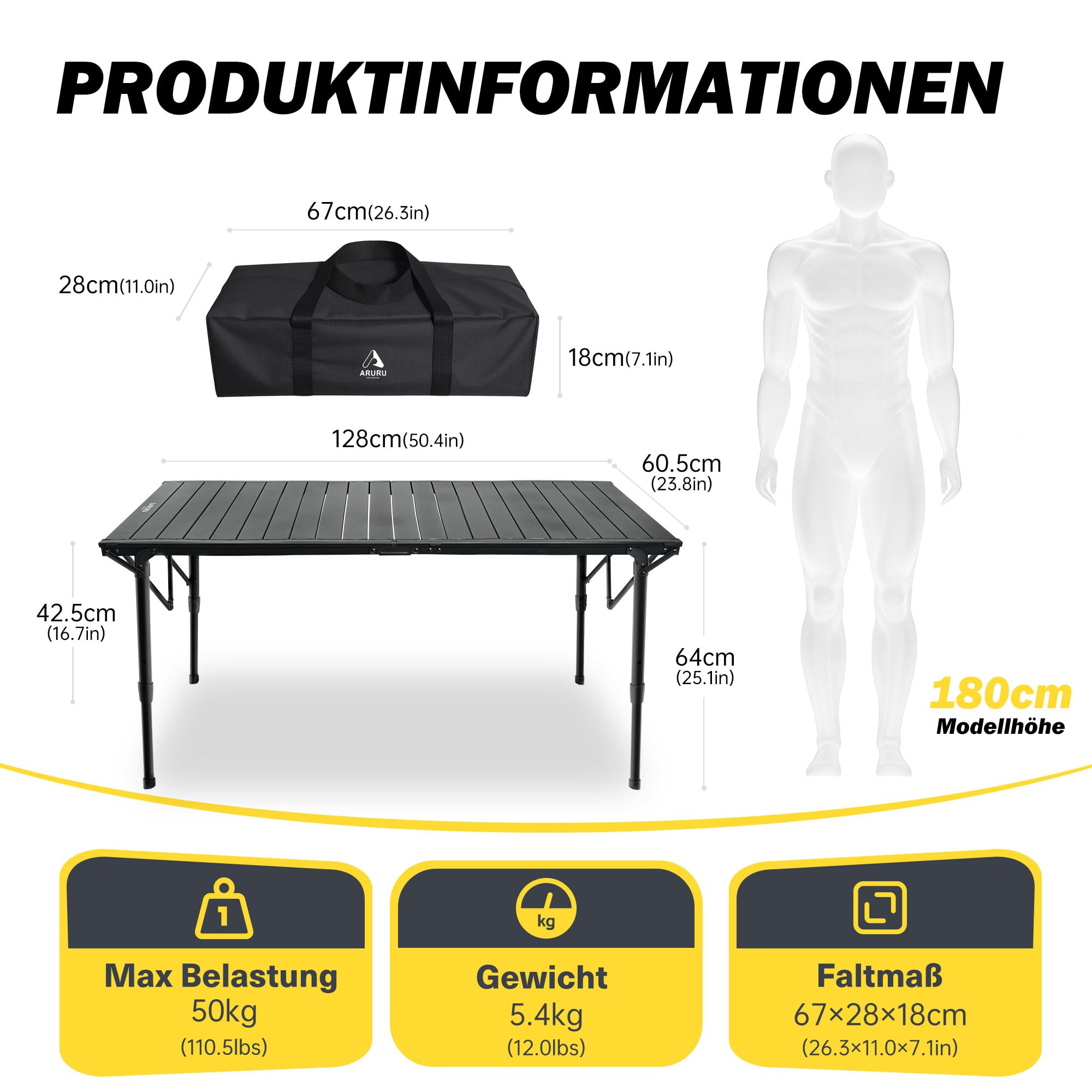 ARURU Groß Campingtisch faltbar Klapptisch 128×60.5cm mit Aluminiumrahmen Aufrollbare Tischplatte Falttisch klappbar Höhenverstellung - bis 50kg inkl für 4-6 Personen 3