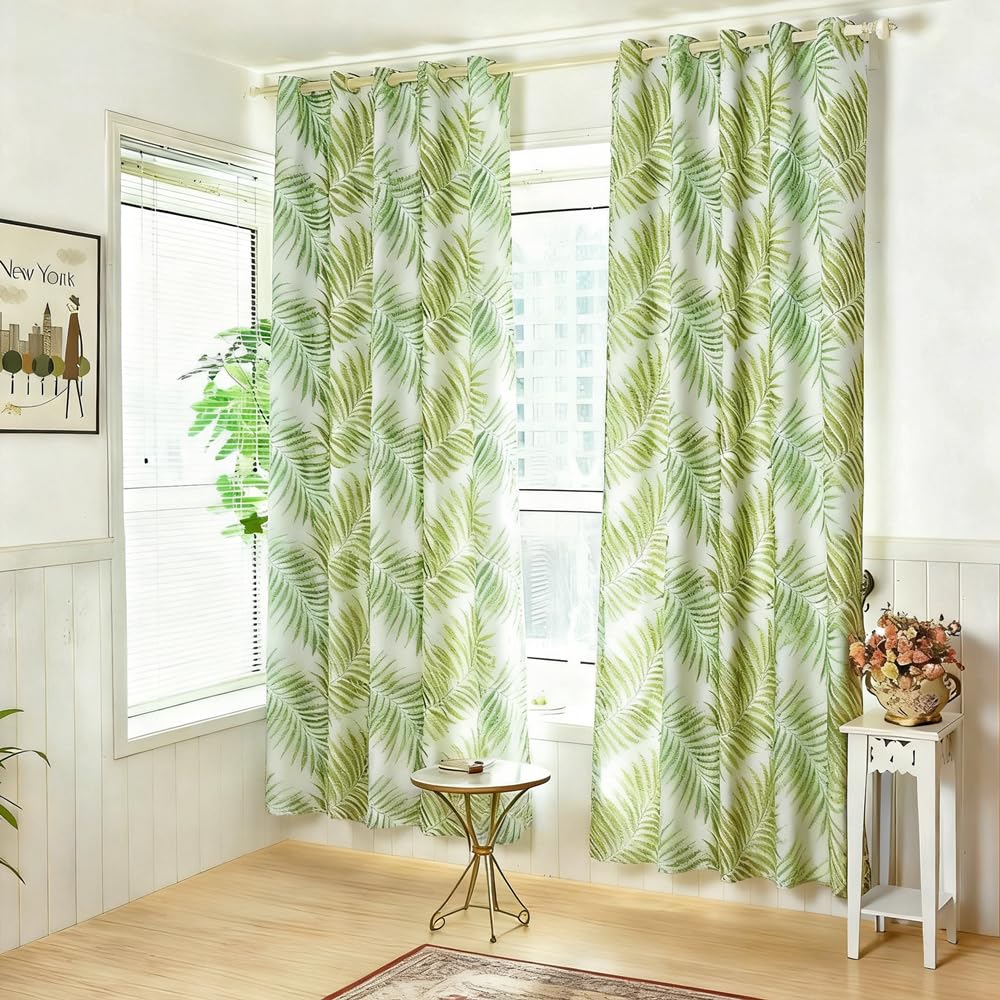 MYRU 2-Panel Tropical Palm Leaf Curtains 66x90 Inches - Light Filtering Green Window Drapes for Modern Living Room & Bedroom, Easy Hang Grommet Top
