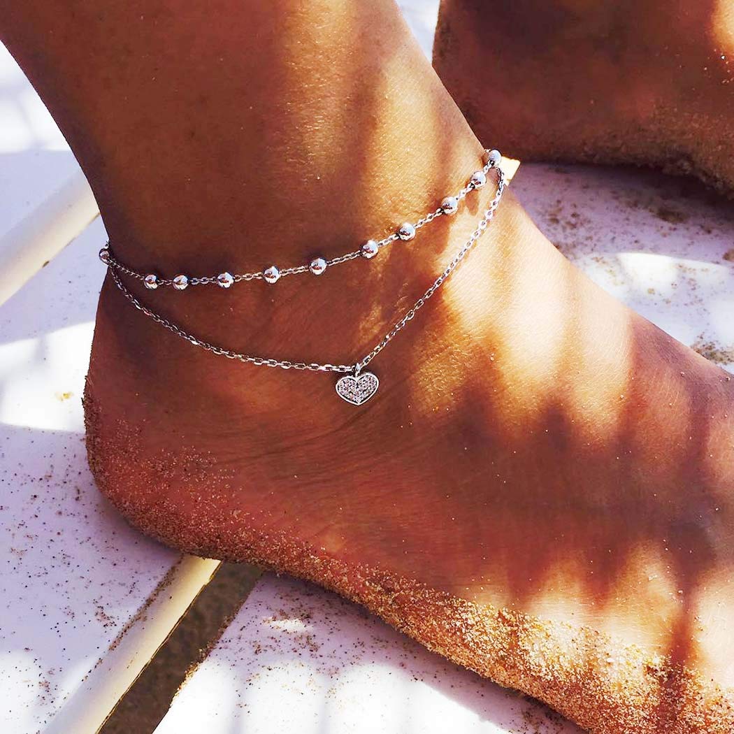 Wedity Anklet Lovely peach heart love heart 2-layer Ankle Brtacelets Adjustable Beach Foot Jewelry for Women Girls