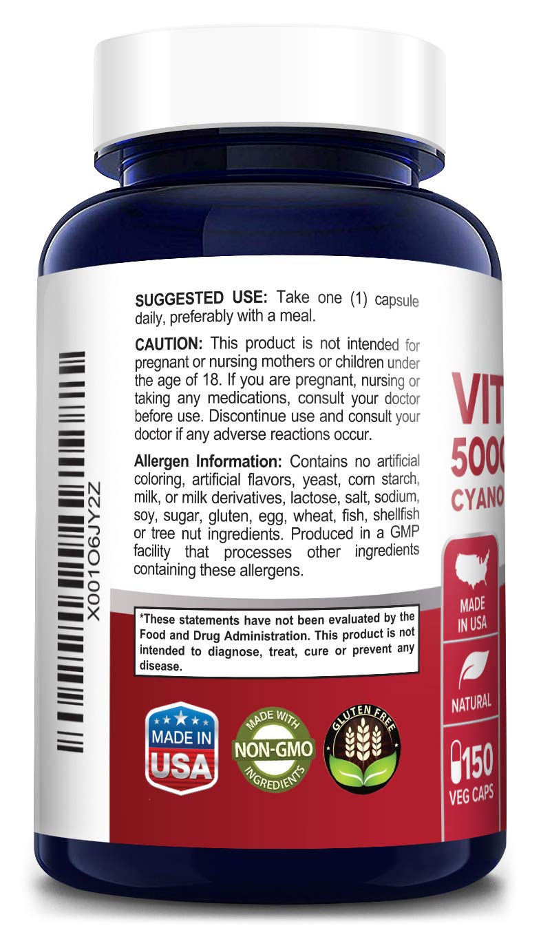 Vitamin B125000 MCG 150 Veggie Capsules (NonGMO & Gluten Free) Max