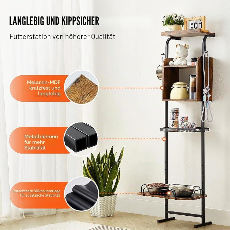 Futterstation 500 x 198 x 1450 mm, erhöhte Hundenäpfe, erhöhter Ständer für Hundenapf, Fressnapf, Hundenapfständer, Napfhalter höhenverstellbar, Hundebar für große, mittelgroße & kleine Hunde