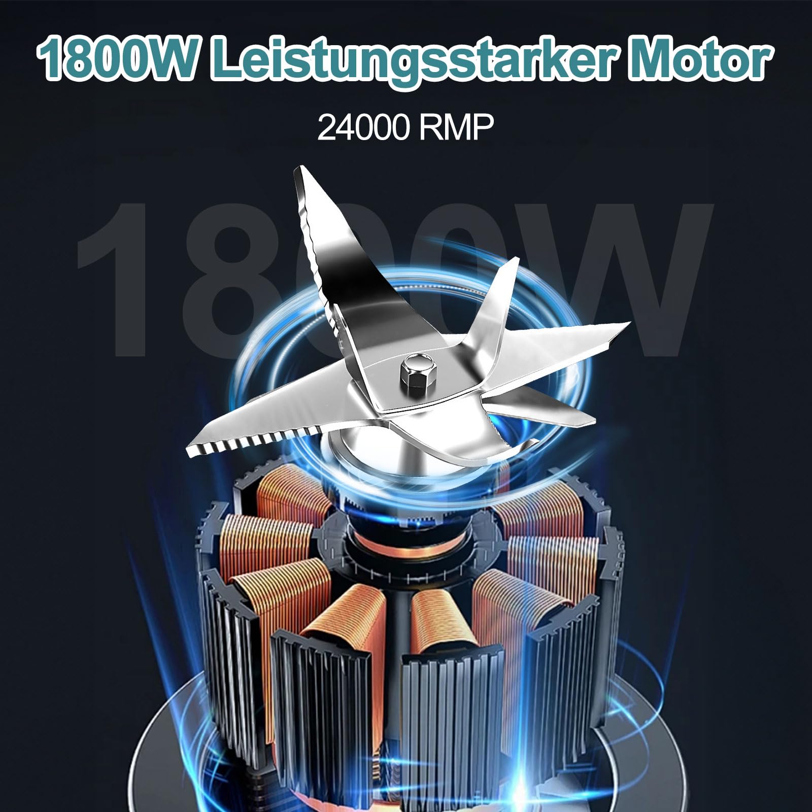 OMMO 1.8L Standmixer Hochleistungsmixer, Mixer Smoothie Maker, 300ml To-Go Becher, 6-Fach Metallmesser, Pulsfunktion, MAX 1800W, Becher BPA Frei, Ice Crusher, Protein Shake Mixer 2