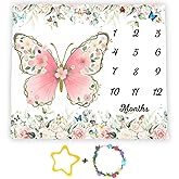 Floral Pink Butterfly Baby Milestone Blanket for Baby Girls, Sage Green Eucalyptus Leaf Baby Monthly Milestone Blanket,Newborn Photography Props,Newborn Shower Gifts for Mom,Soft Flannel,48x40 in